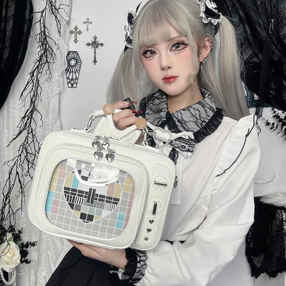 Retro TV Shaped Ita Backpack with Pin Display and Inserts White Crossbody Purse - Picture 2 of 9